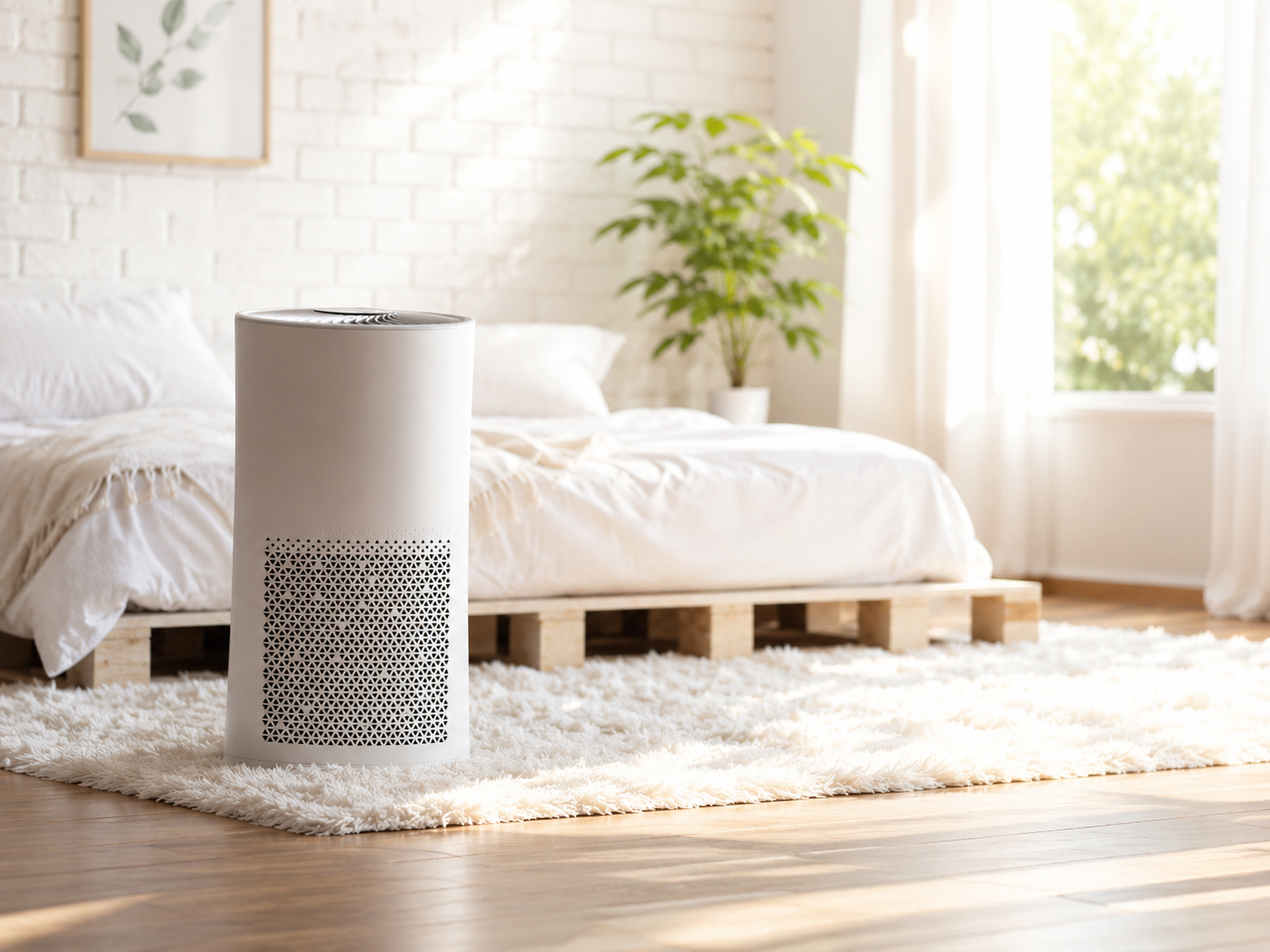 A portable air purifier running beside a bed in a bright, minimalist bedroom