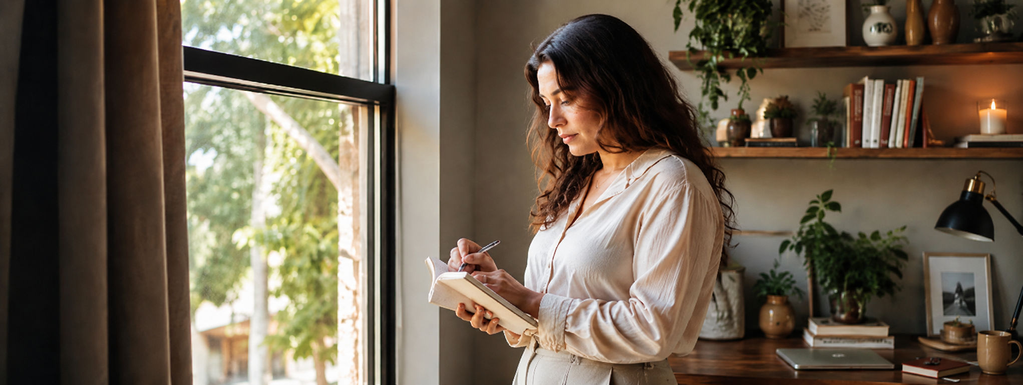 A woman standing by a window writing in a journal, tracking her symptoms in a calm home setting