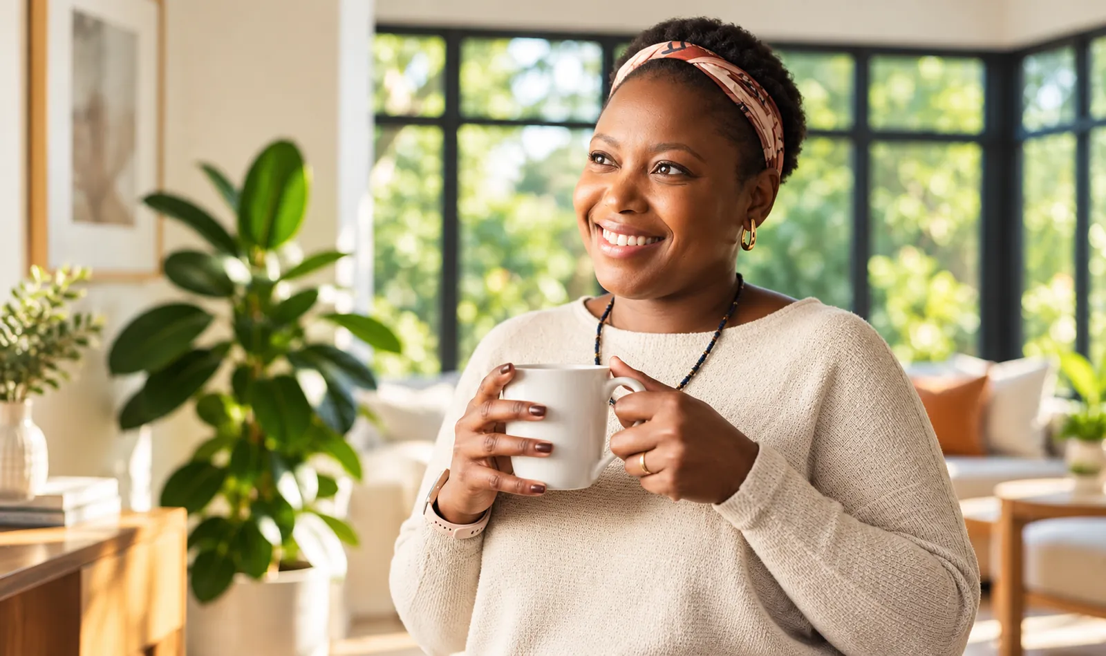 A smiling woman in a cream sweater holds a mug of tea in a bright room full of plants, relaxed and at ease