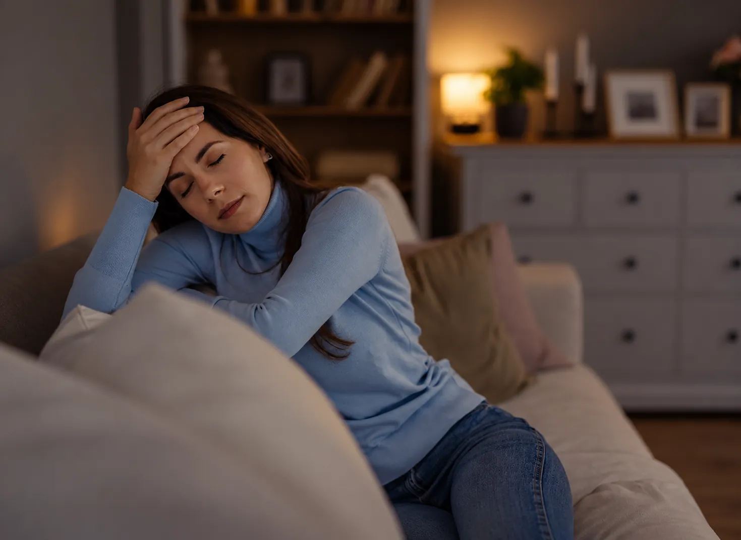 A woman in a blue sweater sits on a sofa at home with her eyes closed and a hand on her forehead, worn out by a headache