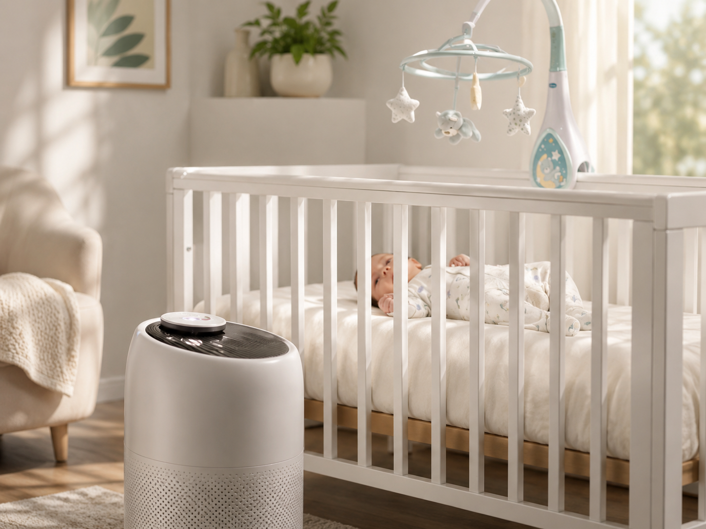 A baby resting in a crib beside an air purifier in a calm, naturally lit nursery
