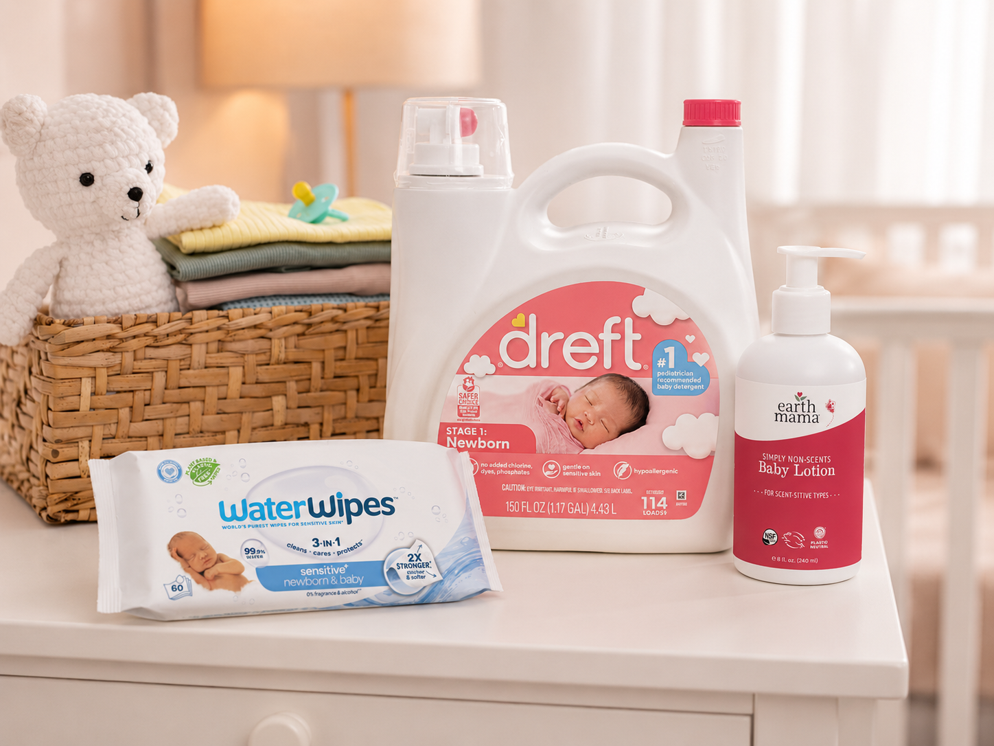 A selection of fragrance-free baby products including Dreft detergent, WaterWipes, and Earth Mama baby lotion
