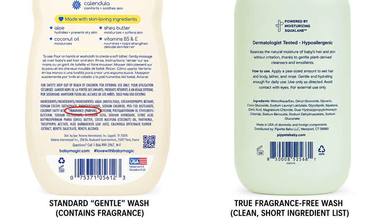 Side-by-side comparison of a standard scented baby wash ingredient list versus a true fragrance-free wash