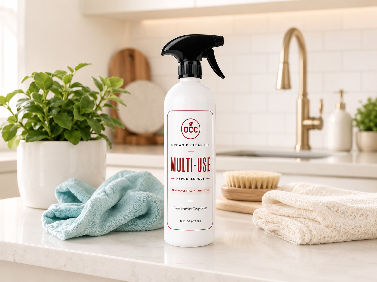 A fragrance-free multi-use hypochlorous acid cleaner spray bottle on a bright kitchen counter