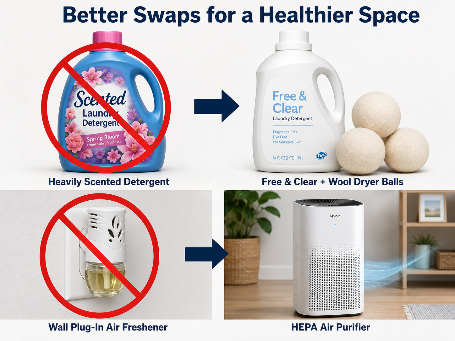 A better-swaps comparison showing a heavily scented detergent replaced with fragrance-free detergent and wool dryer balls, and a plug-in air freshener replaced with a HEPA air purifier