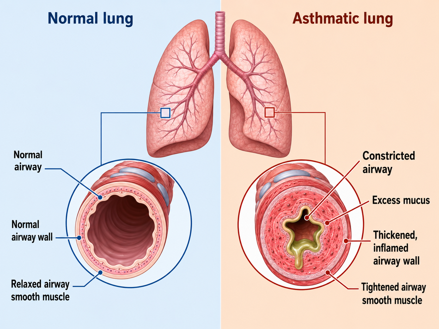 A side-by-side diagram comparing a normal lung and airway with an asthmatic lung showing a constricted airway, excess mucus, and thickened, inflamed airway walls