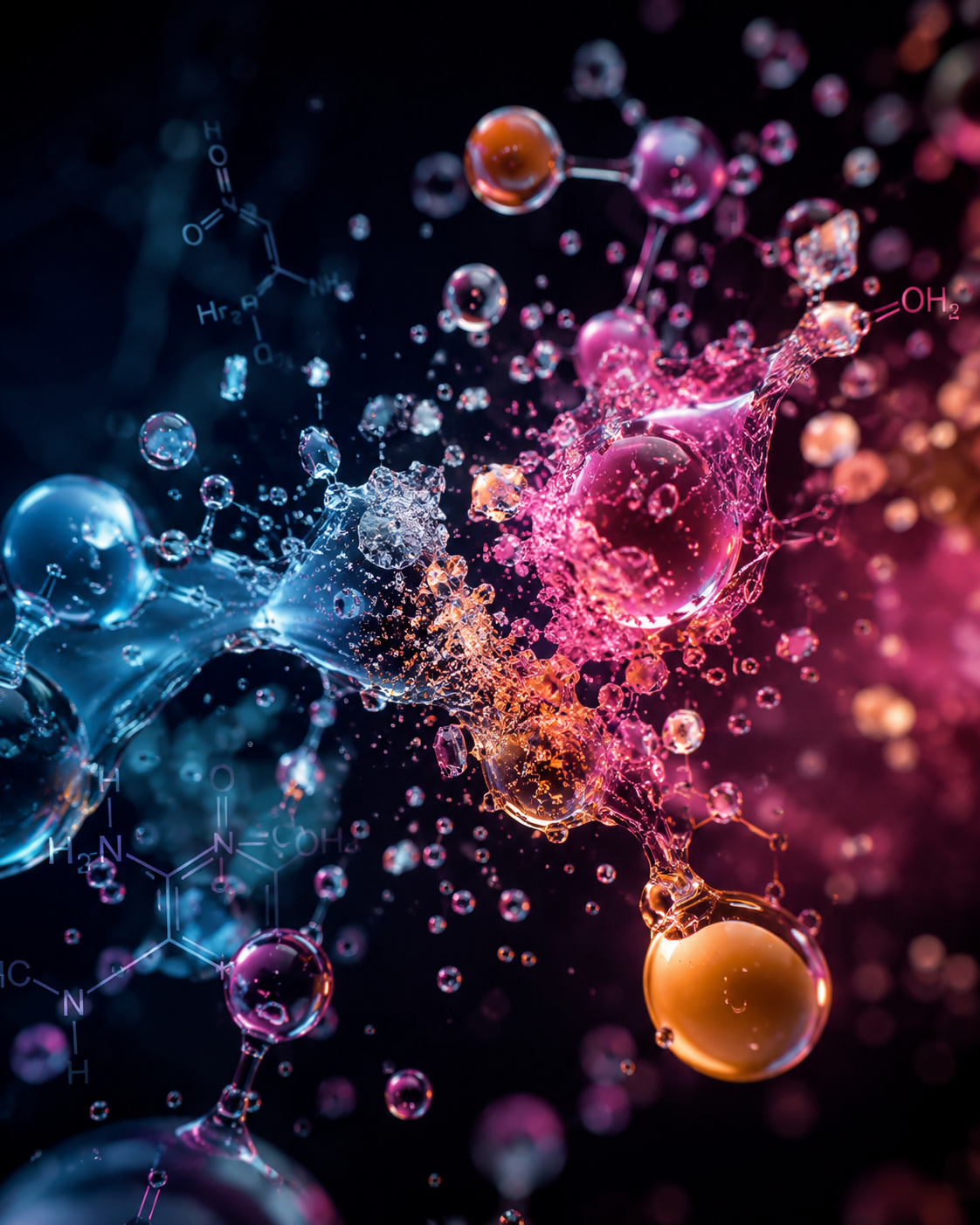 Abstract rendering of chemical molecules and structural formulas suspended in liquid