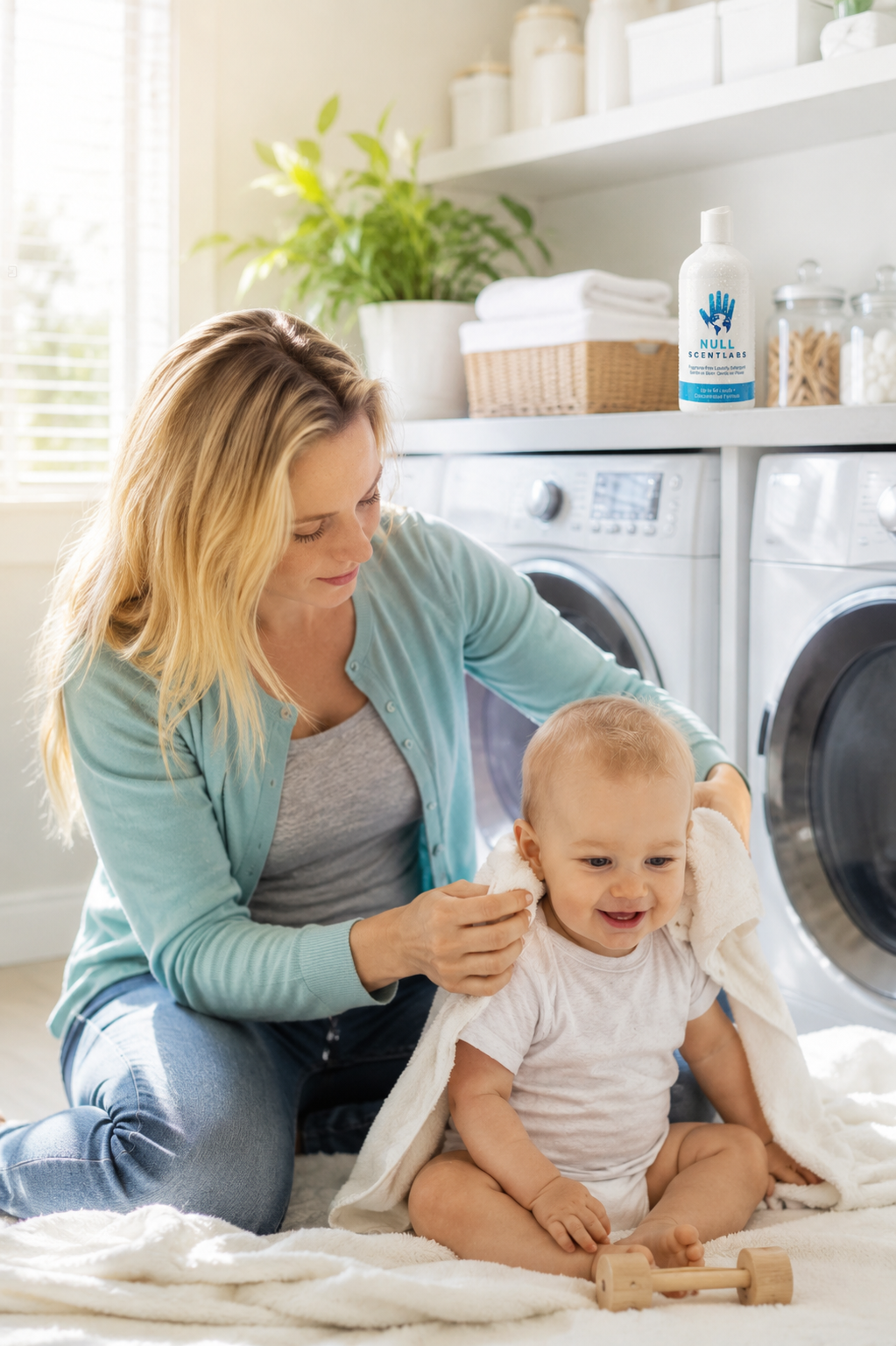 A mother drying her baby with a soft towel in a bright laundry room, with a bottle of Null ScentLabs detergent on the shelf behind them