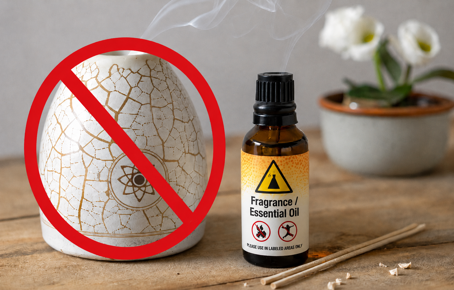 An essential oil diffuser and a bottle of fragrance oil crossed out with a red prohibition symbol