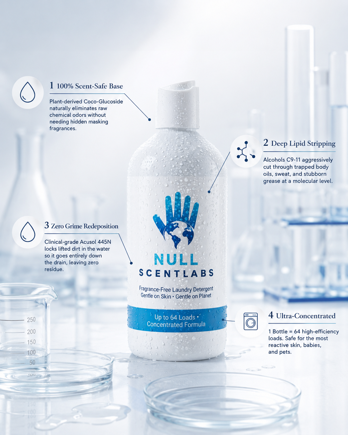 Null ScentLabs detergent bottle in a lab setting with four callouts: scent-safe base, deep lipid stripping, zero grime redeposition, and ultra-concentrated
