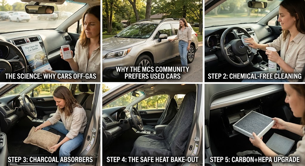 Six-panel grid showing the fragrance-free car process: understanding off-gassing, why the MCS community prefers used cars, chemical-free cleaning, charcoal absorbers, a safe heat bake-out, and a carbon plus HEPA filter upgrade