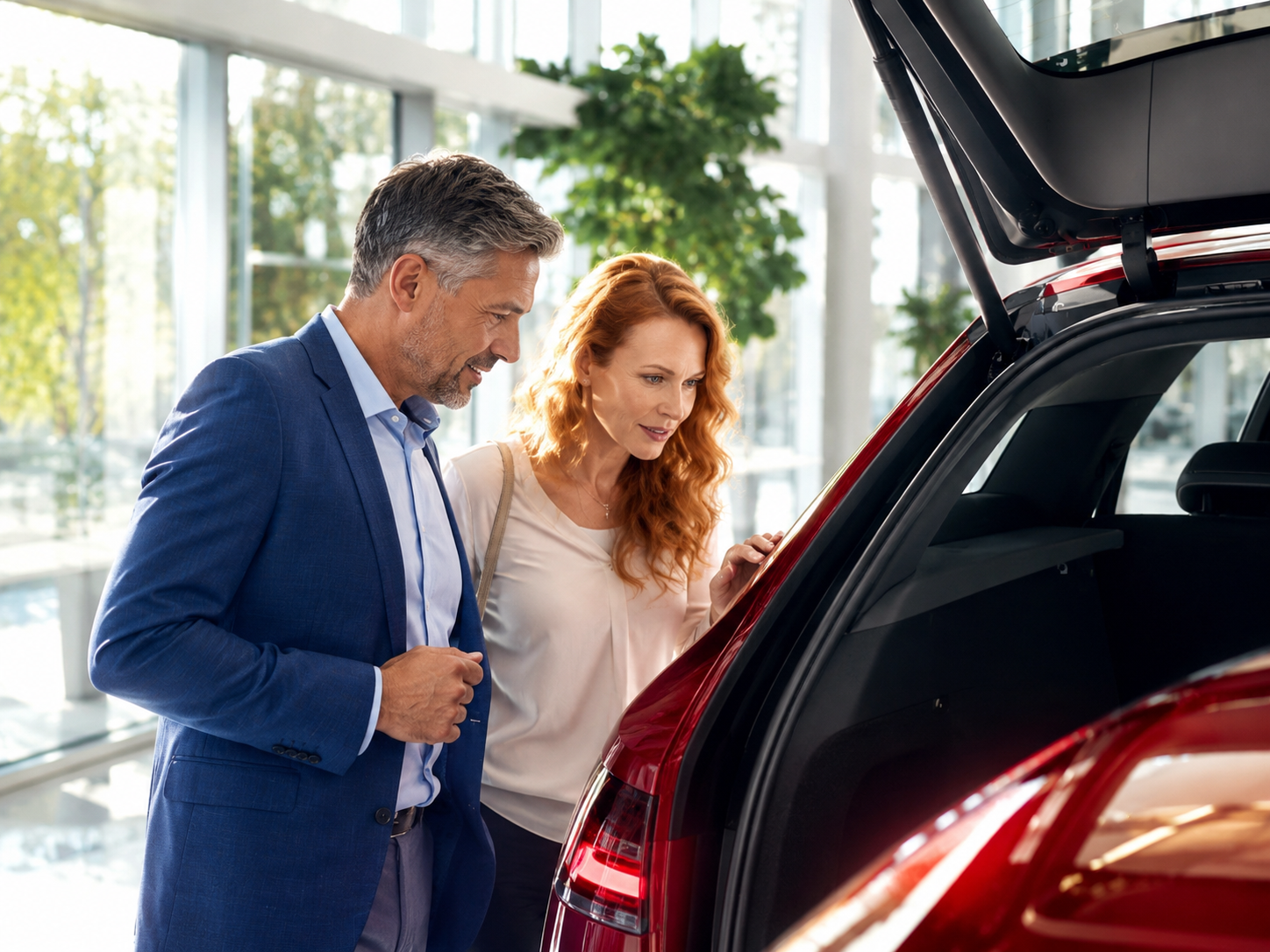 A couple examining the open trunk of a car at a bright dealership showroom