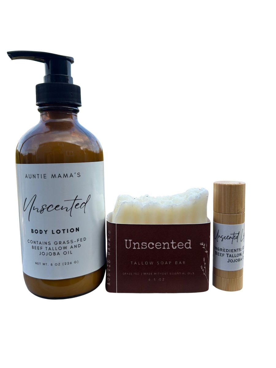 Unscented Grass Fed Whipped Tallow Bundle, Tallow Soap Bar, Body Lotion and Lip Balm