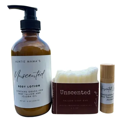Unscented Grass Fed Whipped Tallow Bundle, Tallow Soap Bar, Body Lotion and Lip Balm